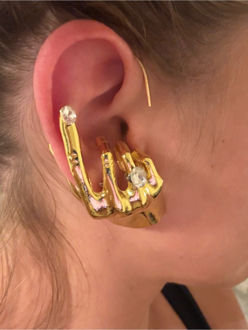 Gold Surrealistic Sculptural Hand Ear Cuff with Crystal Accent - Picture 5 of 6
